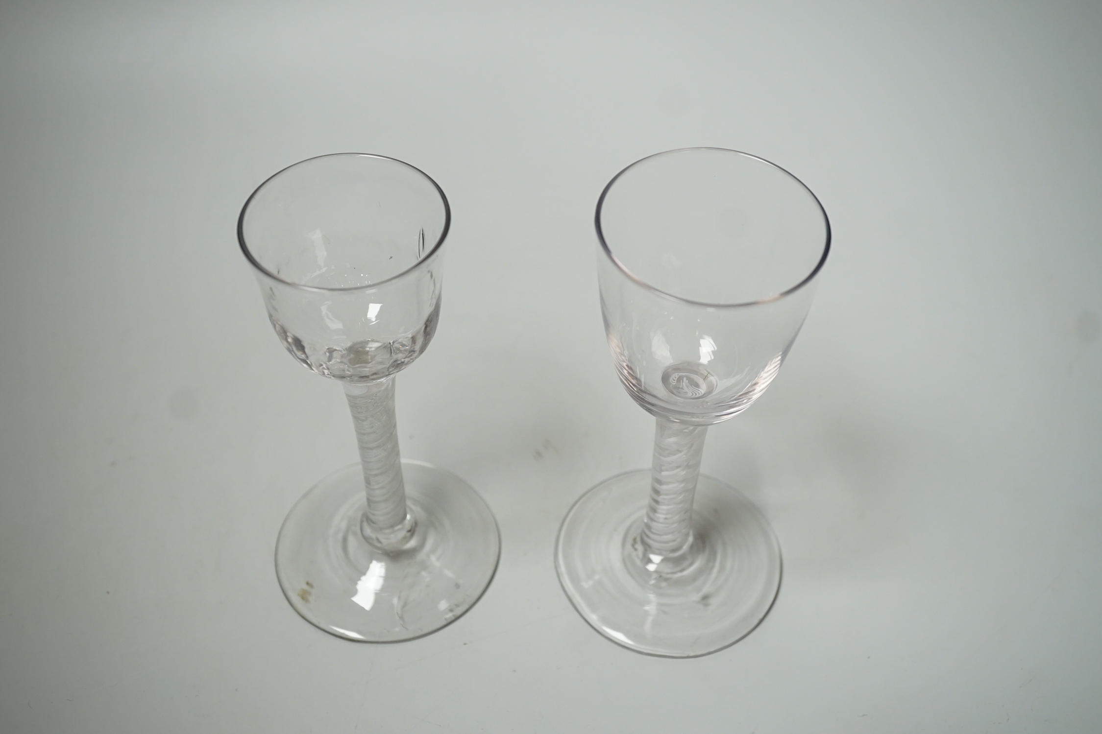 Two George III opaque twist cordial glasses, 14cm